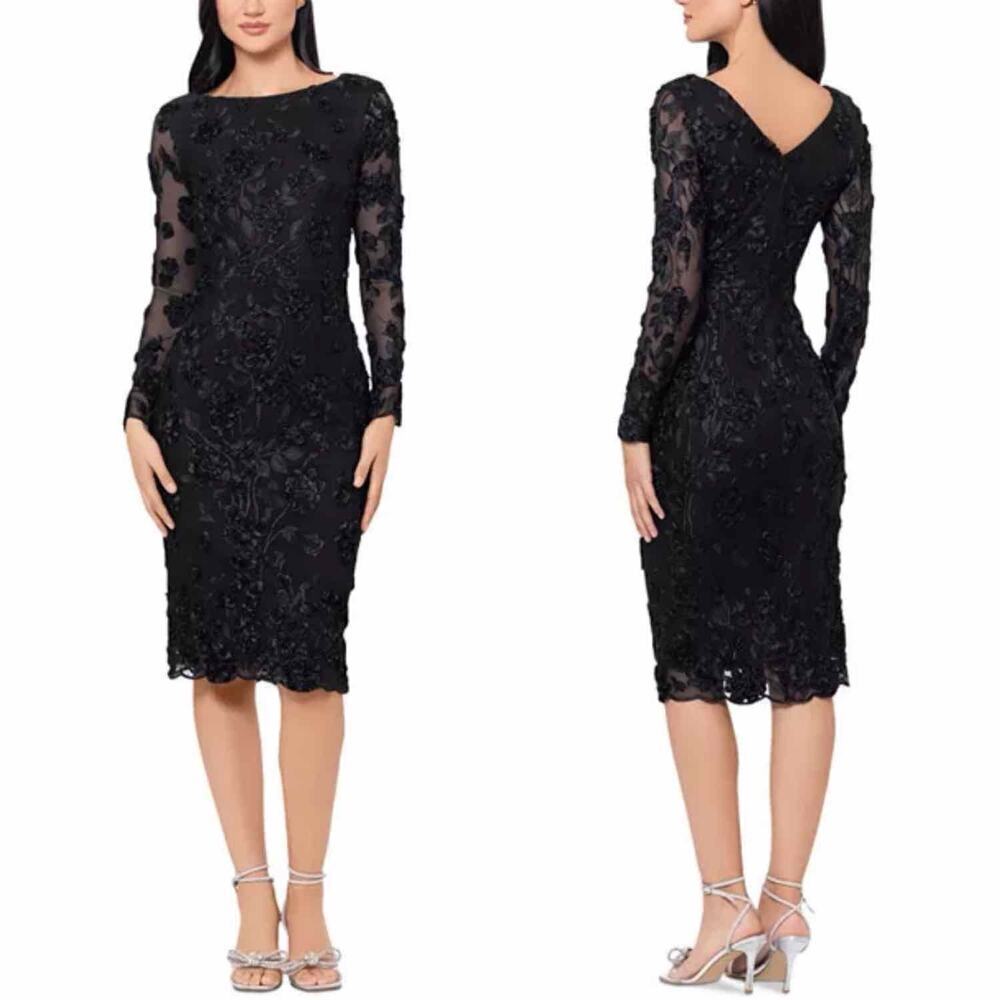 AQUA Long Sleeve Embroidered Formal Dress Black Size US 2